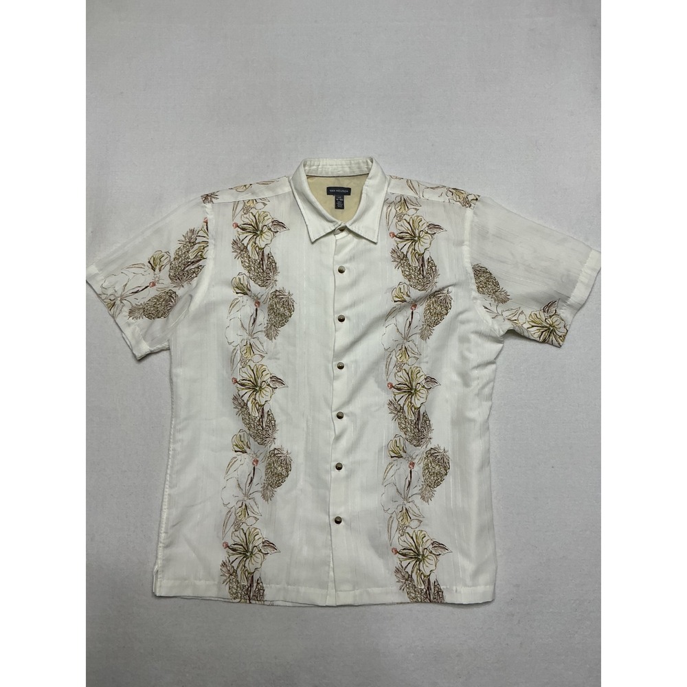 Van Heusen Mens Large Hawaiian Shirt Pineapple Floral Aloha Short Sleeve White